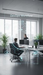 Employees Working in Modern Open Plan Office with Digital Interface