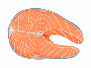 Fresh raw salmon steak vector illustration isolated on white. Pink fish fillet with fat marbling, healthy seafood ingredient for cooking and diet