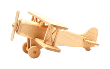 Classic wooden toy airplane biplane model crafted with natural light-colored wood, evoking a sense of childhood nostalgia and simple playtime joy.