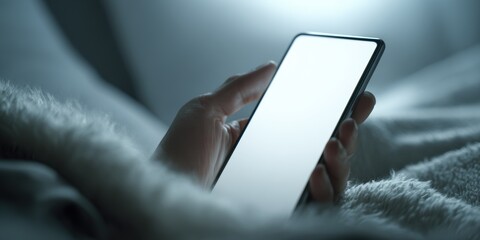 Blank smartphone screen mockup held in hand while resting in bed.