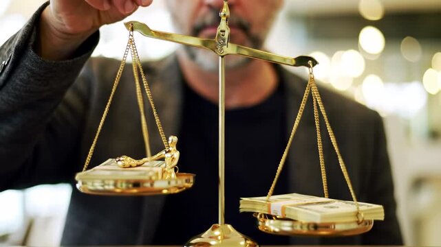 Close-up of gold scale balancing money and jewelry. Man in background wearing a gray jacket and black shirt. Soft, diffused lighting.