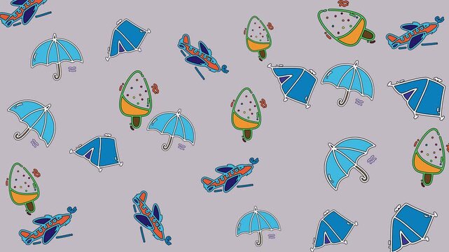 A playful seamless repeat pattern featuring hand-drawn style doodles of summer vacation elements like airplanes, umbrellas, ice cream, and tents on a light purple background. Ideal for children's prod