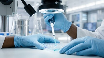 Close Up of Researcher Hands Using Micro Pipette with Multiwell Plate under Microscope