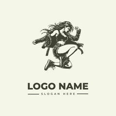 Naklejka premium A dynamic illustration of a woman in motion, designed as a logo with a placeholder name and slogan on a clean background.