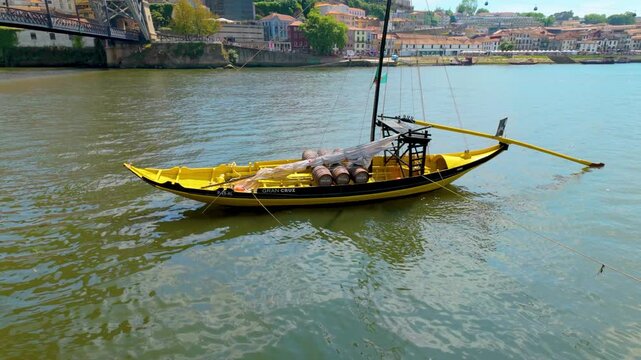 Closer view of traditional rabelo boat on Douro river.