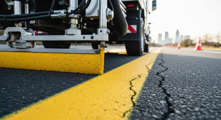 Fresh yellow road marking paint machine repairing cracked asphalt lane on urban highway with blurred city skyline and traffic cones in background