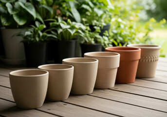 Fototapeta premium Row of empty ceramic plant pots arranged on wooden deck with green foliage in background ready for gardening and outdoor planting projects in natural daylight