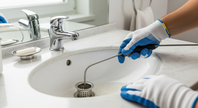 Plumber in protective gloves cleaning bathroom sink drain with flexible metal auger cable, removing clog from white ceramic basin in modern home, closeup of professional maintenance service - Powered by Adobe