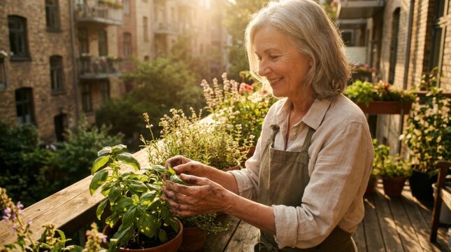 Happy Senior Woman In Apron Gardening On City Balcony, Smiling Elderly Lady Tending Potted Basil At Sunset