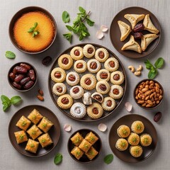 A delicious assortment of Middle Eastern sweets and pastries, including ma'amoul, basbousa, and dates, elegantly arranged for a festive occasion