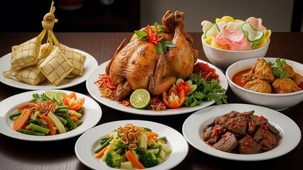 A Festive Feast Whole Roasted Chicken Surrounded by Delicious Dishes and Rice Cakes