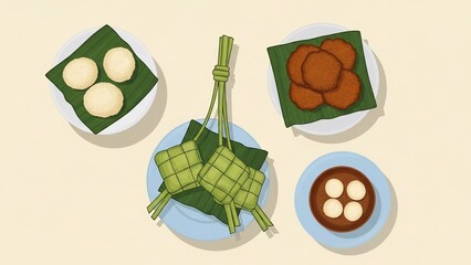Vibrant collection of traditional Southeast Asian festive snacks and desserts, including ketupat, sweet rice cakes, and dumplings presented on banana leaves