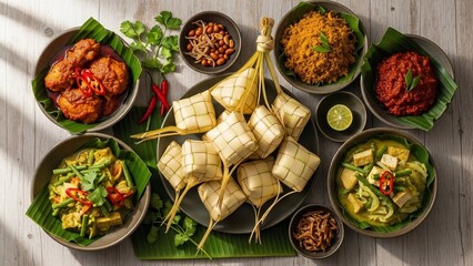 Delicious Southeast Asian Cuisine Ketupat, Chicken, and Curries Displayed for a Feast