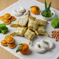 A beautiful array of traditional Southeast Asian festive foods, featuring ketupat rice, pineapple tarts, pandan cake, and crescent cookies, perfect for joyous celebrations