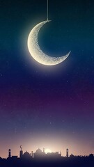 Radiant Crescent Moon Illuminates Serene Mosque Silhouette at Dawn, Symbolizing Spiritual Reflection and Tranquility Under a Starry Night Sky