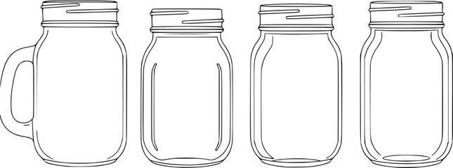 Set of Mason jars Outline vector illustration isolated On Transparent Background
