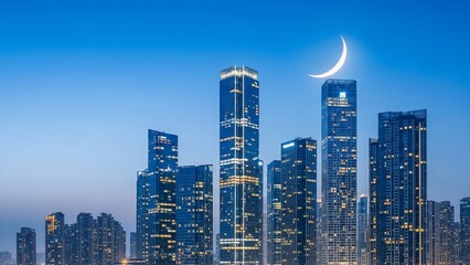 Modern city skyline at dusk with a crescent moon shining brightly in the clear blue sky above the illuminated skyscrapers