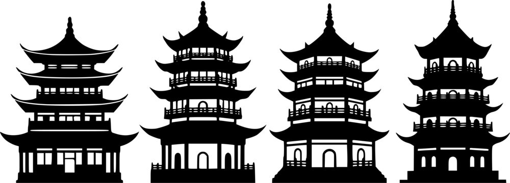 Set of Chinese pagoda Outline vector illustration isolated On Transparent Background
