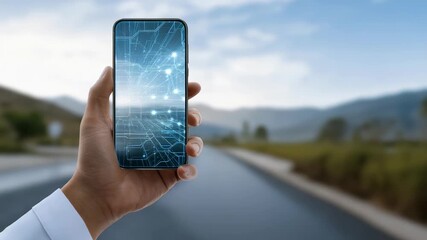 A person holds a smartphone with a futuristic digital interface displayed on the screen, standing on an empty road with mountains in the background. The image blends technology and nature seamlessly - Powered by Adobe
