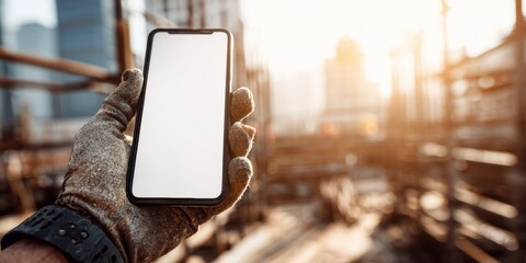 Construction smartphone mockup with gloved hand holding blank screen phone at building site during sunset, ideal for safety, planning, and project apps.