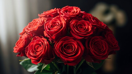 Obraz premium Bouquet of red roses for valentine, fresh flowers close up, romantic mood, natural light, dark elegant background, shallow depth of field, premium stock photo, no people, no text one