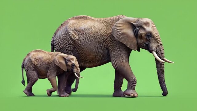 Mother elephant and baby walking together in green background