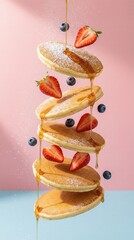 Obraz premium Flying Stack Of Pancakes With Berries And Honey Syrup Art 