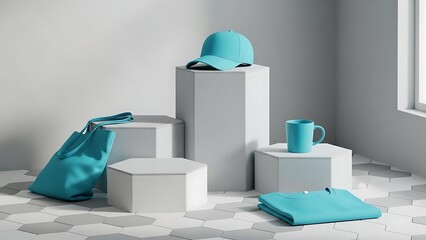 Turquoise promotional items on white pedestals in a minimalist setting.