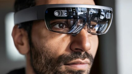 Close up of a man wearing advanced augmented reality smart glasses, focusing intently on a digital interface. Modern technology seamlessly blends with human experience in this innovative scene - Powered by Adobe