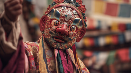 Vibrant masked dancer at Dosmoche Festival Biaramonastik, India, performing traditional rituals