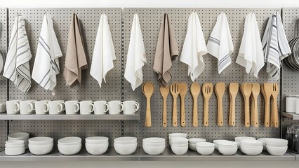 Kitchenware Display with Towels Mugs Bowls and Utensils.
