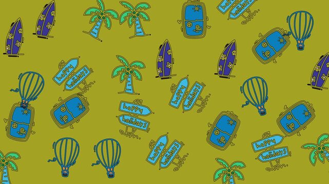 A fun and colorful seamless pattern featuring hand-drawn summer holiday elements such as surfboards, palm trees, suitcases, balloons, and holiday signs. Perfect for backgrounds, textiles, and various 