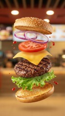 Delicious Beef Burger Ingredients Flying In The Air Isolated 