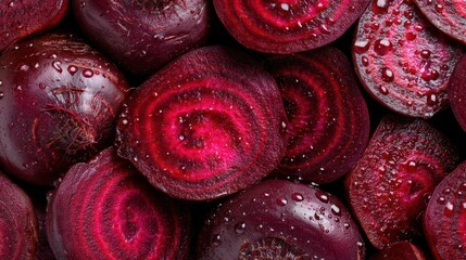 Red beetroots are cut into round slices and stacked closely together. Each slice shows a rich color and patterns. Water droplets add a fresh look to the beetroots.