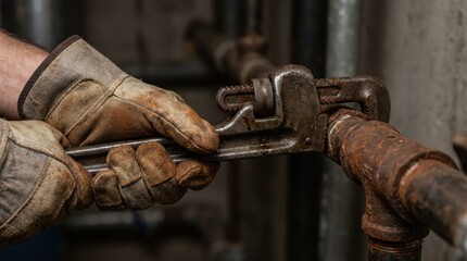 Plumber Hand Holding Monkey Wrench Tightening Old Rusty Pipe, Close-up of Repair and Maintenance