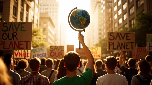 A crowd protesting climate change with signs and a globe on a city street during golden hour. Focus on environmental activism and global warming awareness.