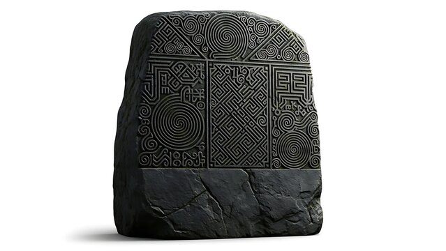 Ancient Stone Tablet with Intricate Geometric Carvings and Hieroglyphs.