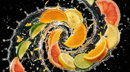 Exploded View Of Tropical Citrus Fruit Slices And Juice Splash