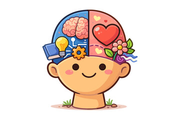 Mental wellness illustration, smiling face with brain and heart