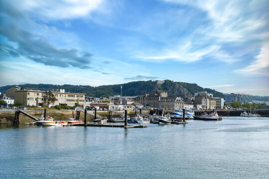 Cherbourg-en-Cotentin, beautiful city in Normandy, the harbor, ships and fisher boats