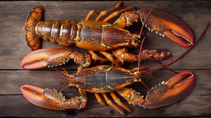 Two lobsters on a wooden surface with claws visible. They are fresh and may be prepared for a meal. The setting suggests a connection to coastal dining.