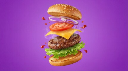 Delicious Beef Burger Ingredients Flying In The Air Isolated 