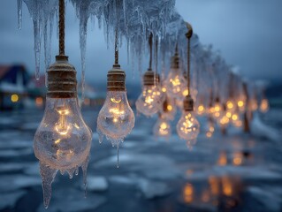 Icicles Forming on Vintage Light Bulbs in Winter Landscape