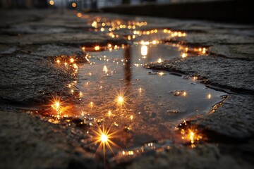 Shimmering Water Puddle Reflecting Sparkling Lights at Dusk