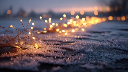 Twinkling Lights on Frosted Ground During a Winter Evening