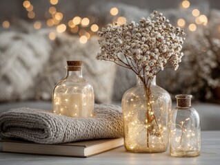 Cozy Home Decor with Dried Flowers and Warm Twinkling Lights