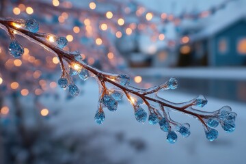 Icy Branch with Sparkling Lights and Bokeh Background in Winter