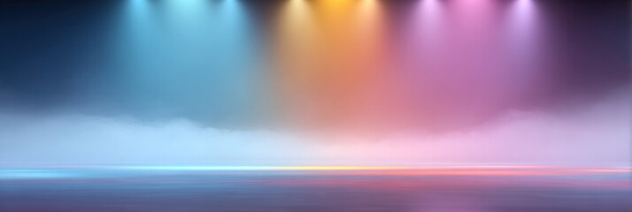 Colorful stage lights with misty background, creating a vibrant and atmospheric performance venue scene, ideal for concerts, theater shows, or events.