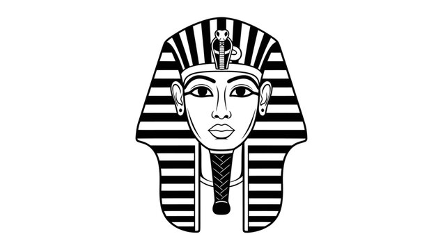 Striking black and white illustration of an ancient Egyptian pharaoh's mask