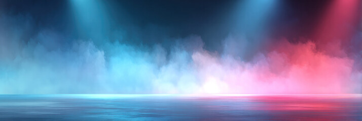 Abstract stage scene with blue and red lighting, misty fog, and reflective floor, ideal for event backdrops, concerts, or performance visualizations.